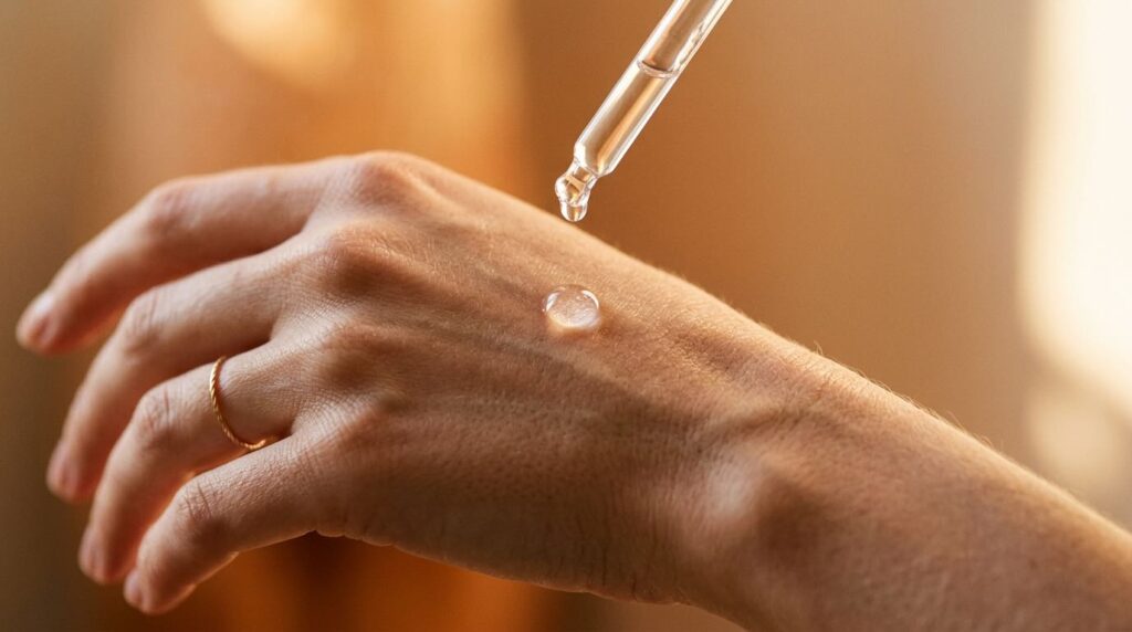 Pearl of AHA serum on back of hand in warm afternoon light showing surface-level exfoliation