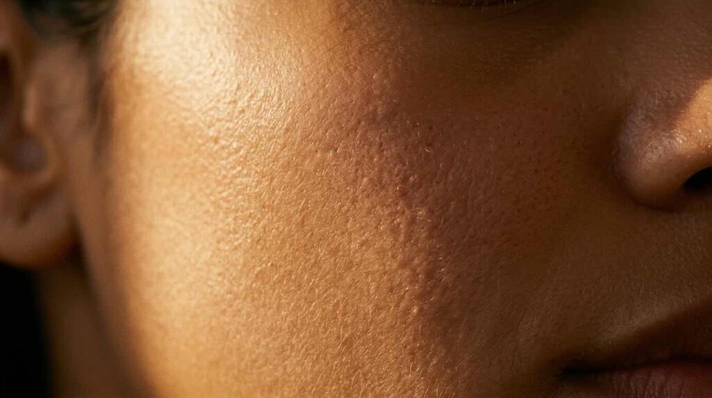 Close up cheek skin texture showing what AHA vs BHA exfoliation addresses after 30