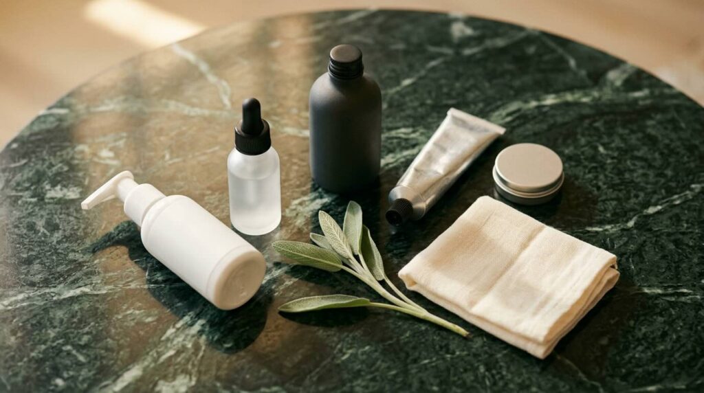 Five gentle skincare products for hormonal acne arranged on dark green marble with sage