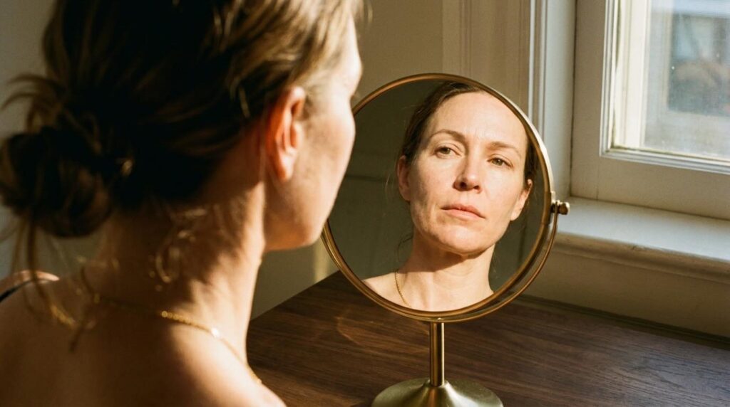 Woman examining skin texture in mirror in warm afternoon light showing real changes after 40