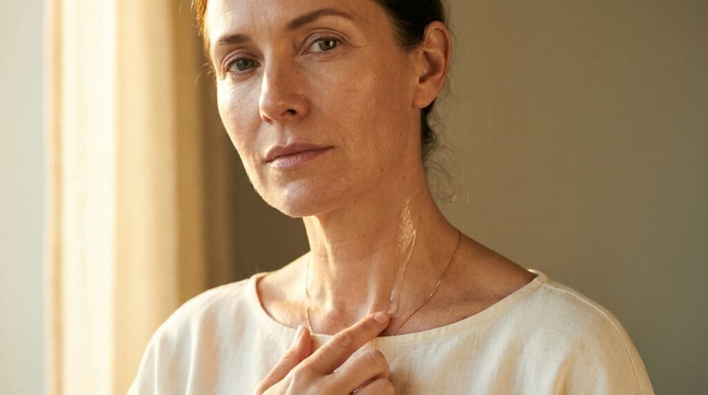 Woman applying peptide serum on collarbone in warm morning light showing daily anti-aging routine