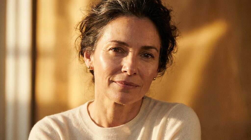 Woman with luminous resilient skin in golden hour light showing results of consistent anti-aging routine after 40