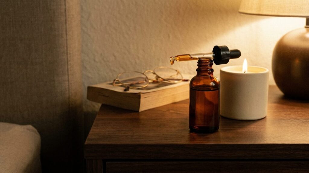 Amber retinoid dropper bottle on walnut nightstand with candle and reading glasses at night