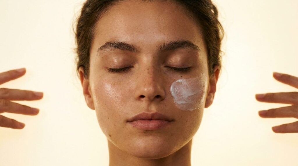 Two sunscreen textures compared on cheeks in overhead beauty editorial
