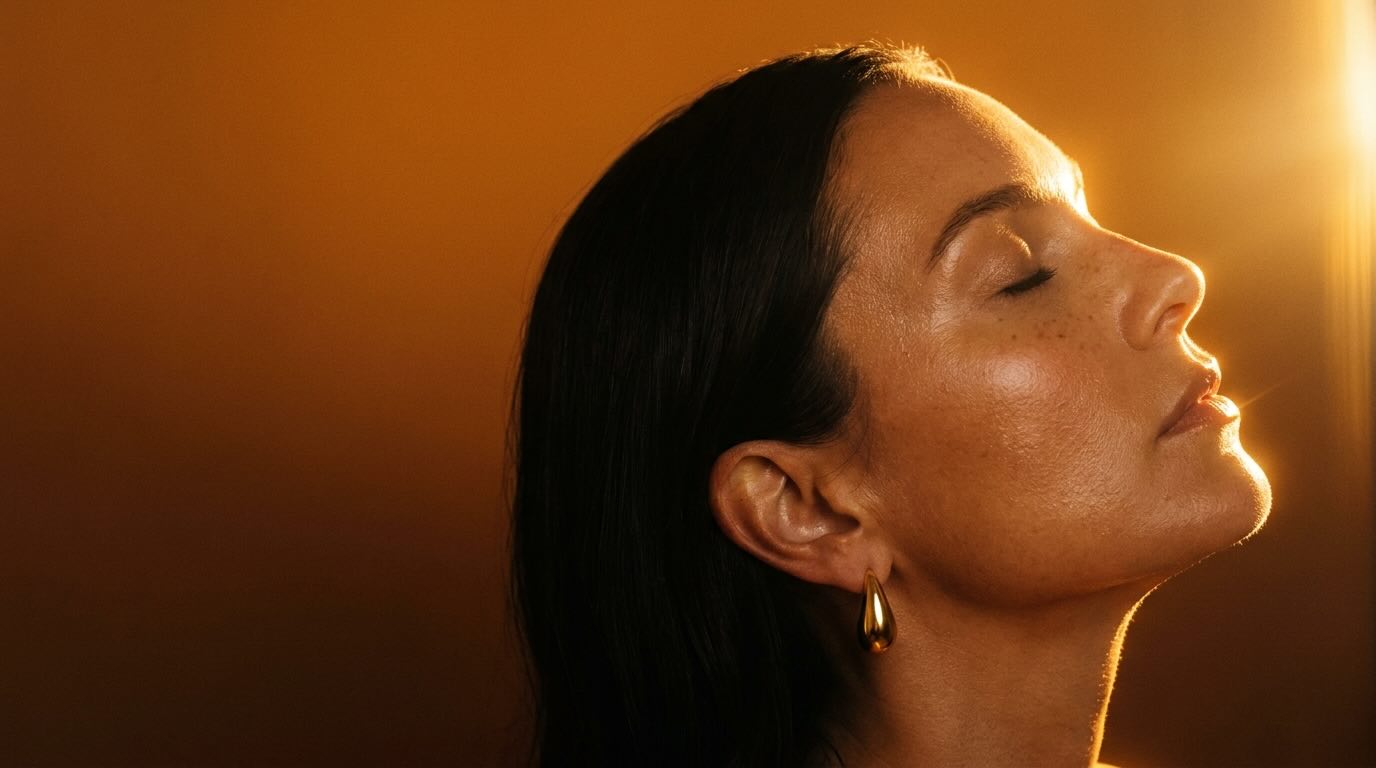 best sunscreen after 30 woman in golden sunlight side profile editorial