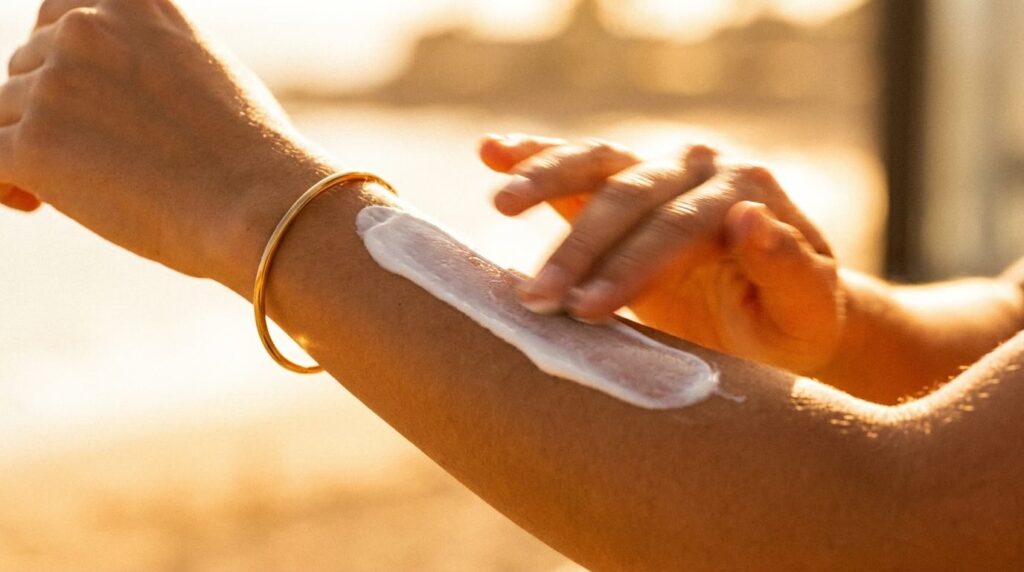 Generous sunscreen application on forearm mid-motion in golden light