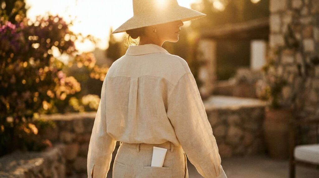Woman in straw hat walking into bright afternoon sunlight with sunscreen in pocket