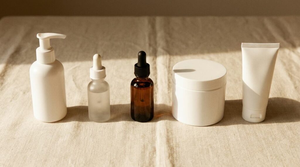 Five budget skincare products in a row on cream linen in soft morning light