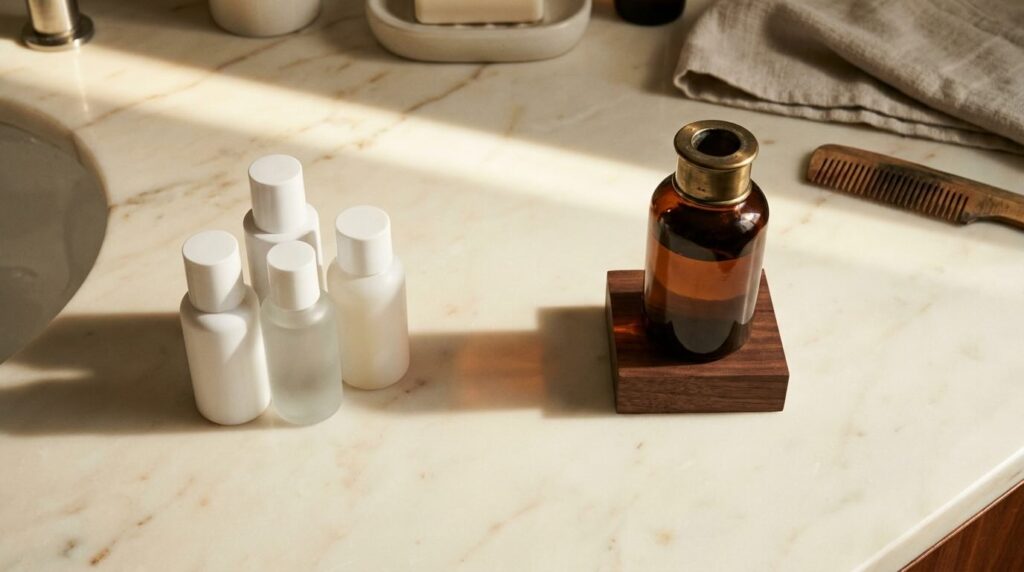 Four budget products grouped together with one upgraded bottle elevated on walnut block