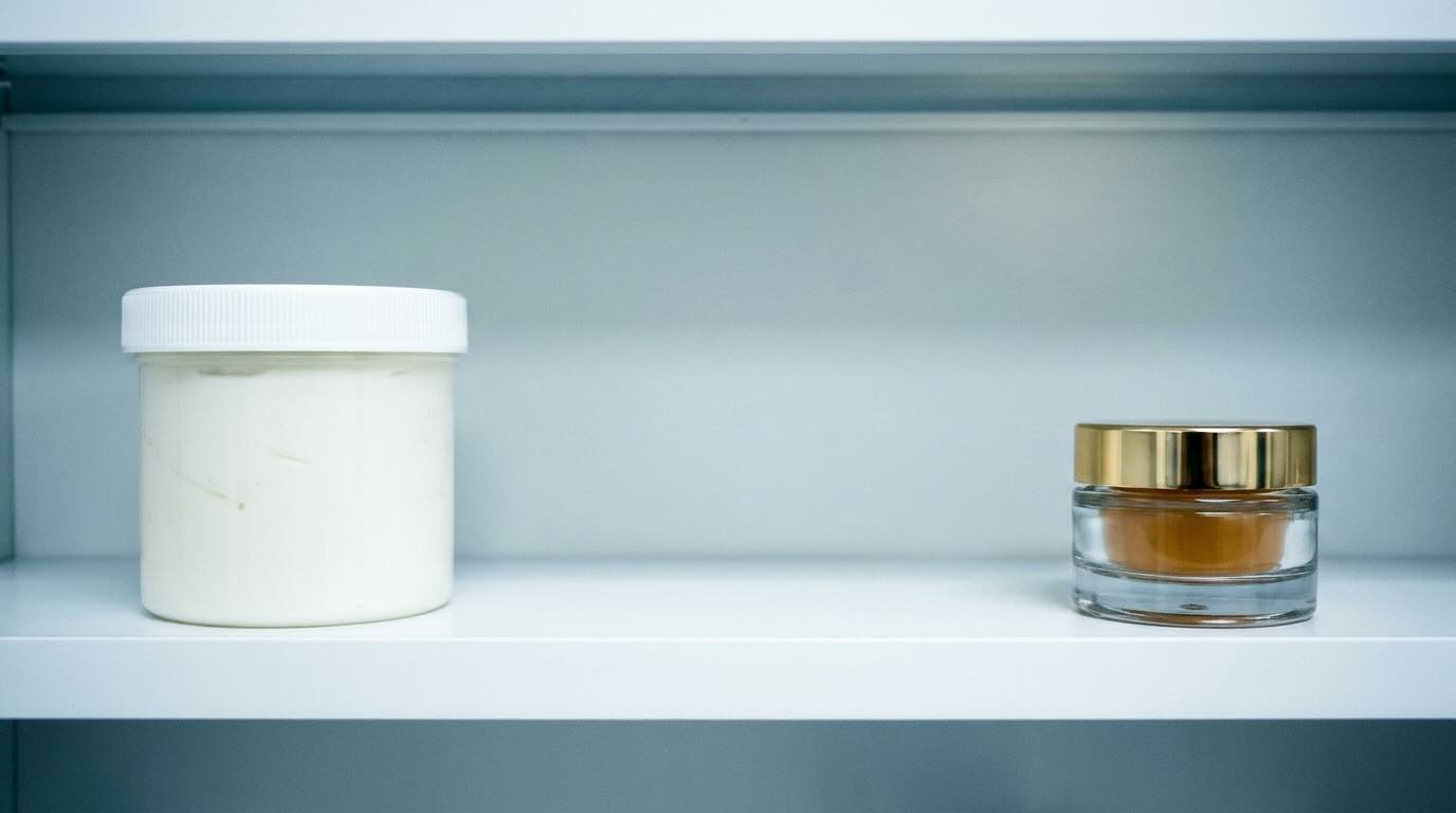 budget skincare under 50 plain white jar beside small luxury gold jar on pharmacy shelf