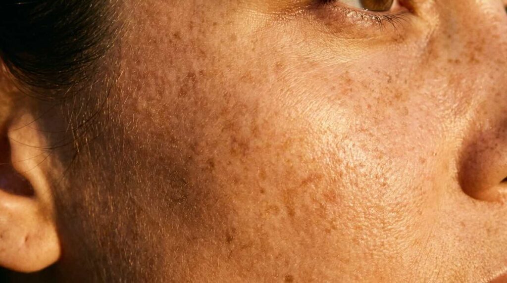 Close-up of cheek showing natural freckles and dark spots in warm golden light
