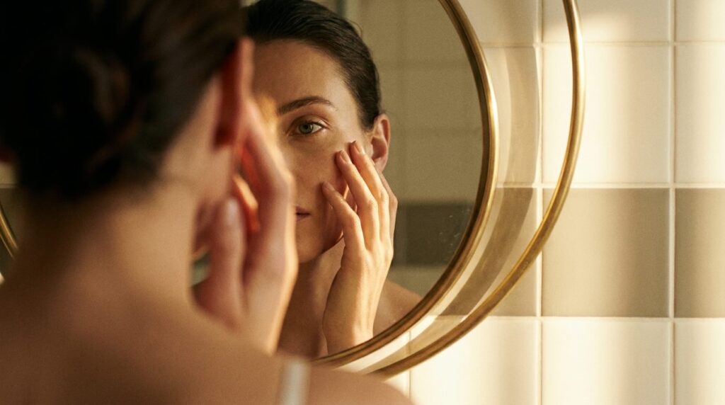 dark spots after 30 woman examining cheekbone in bathroom mirror warm morning light