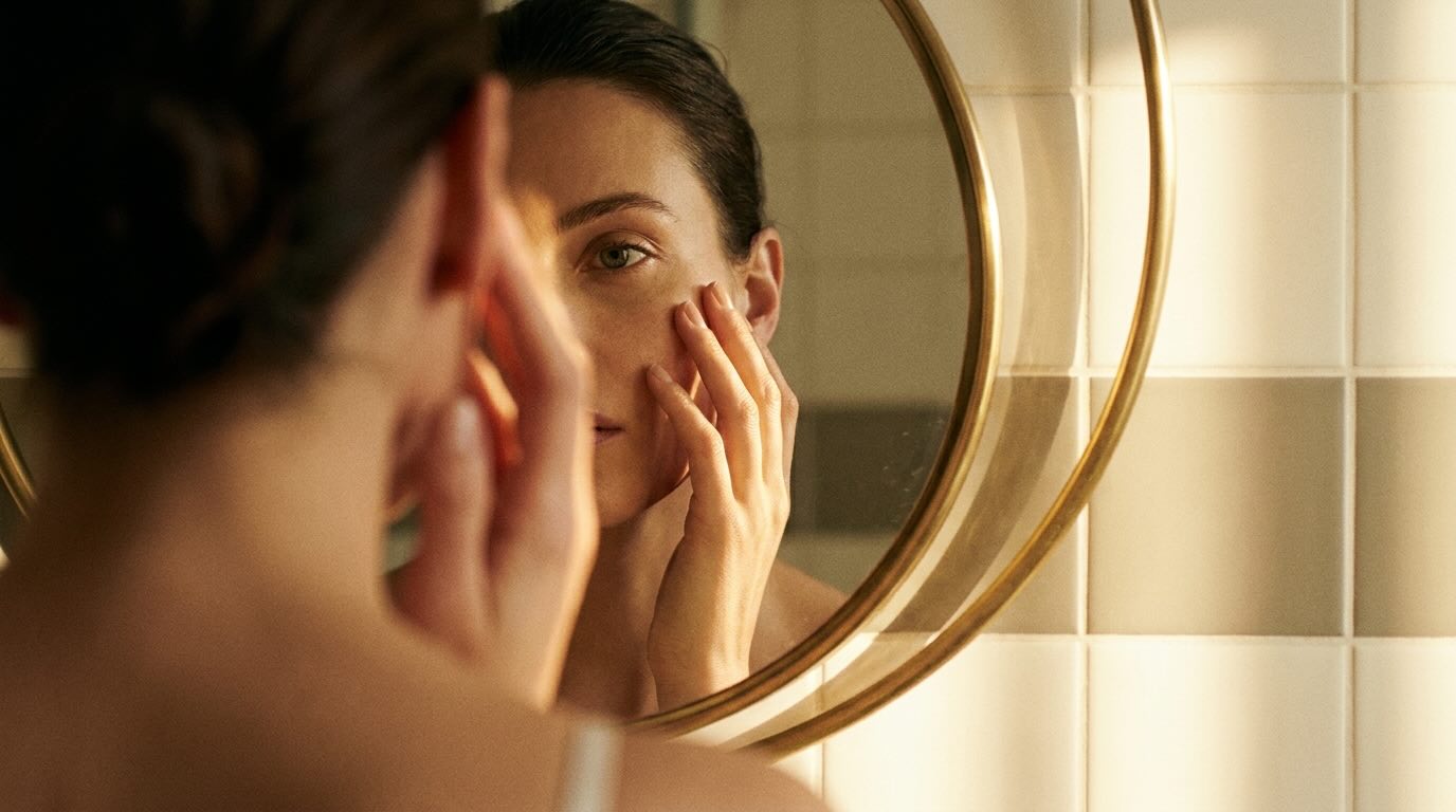 dark spots after 30 woman examining cheekbone in bathroom mirror warm morning light