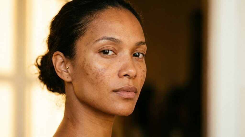 Woman with warm brown skin and evening tone looking at camera with quiet confidence