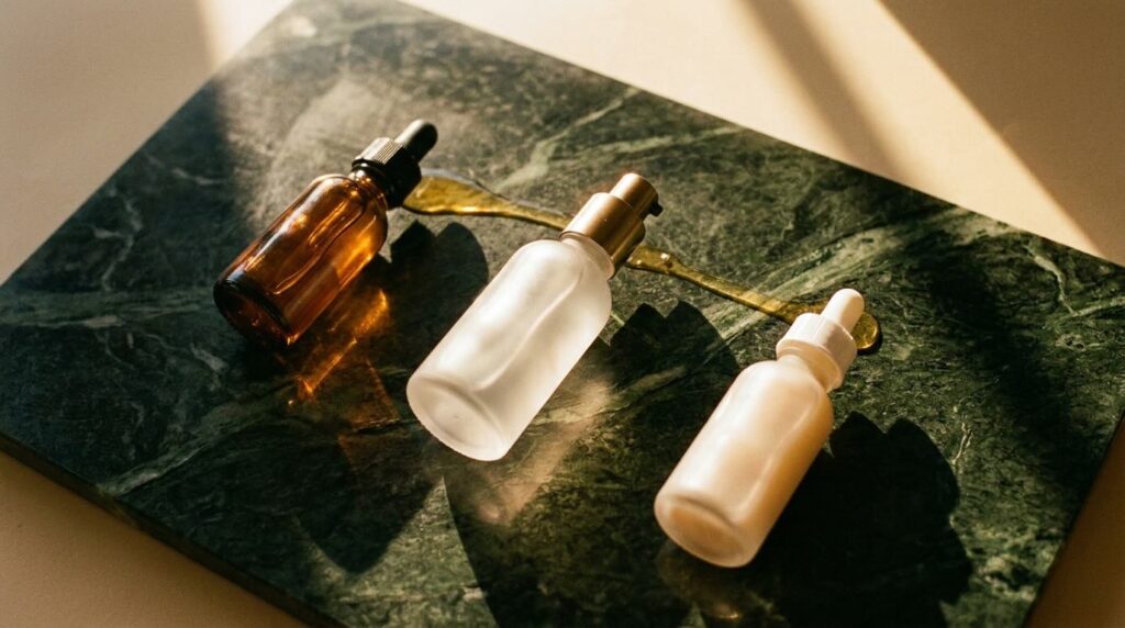 Three brightening serums connected by golden serum trail on dark green marble