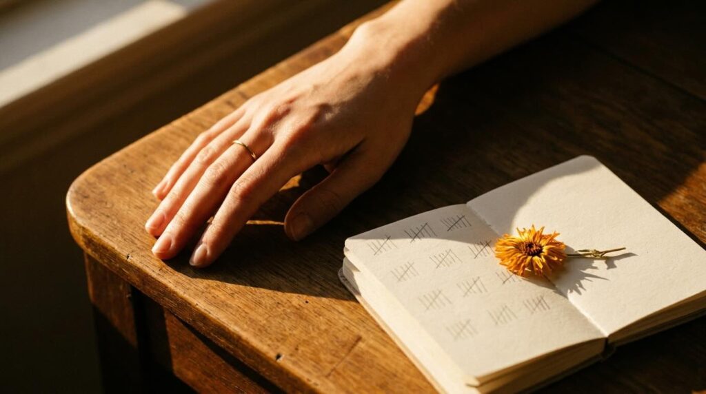 Hand resting beside notebook with week marks showing hyperpigmentation treatment patience