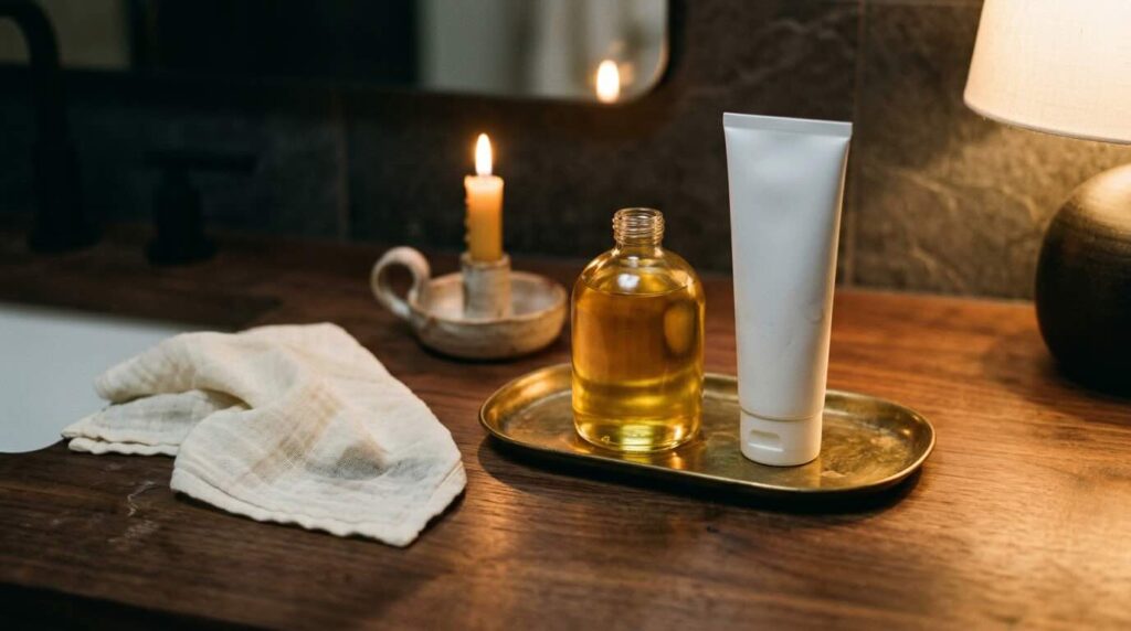 Oil cleanser and water-based cleanser on brass tray with candle for evening double cleansing ritual