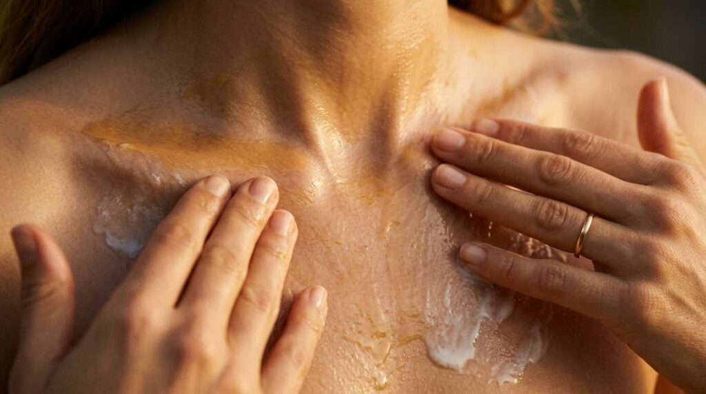Hands massaging golden cleansing oil on skin showing the emulsification moment with water