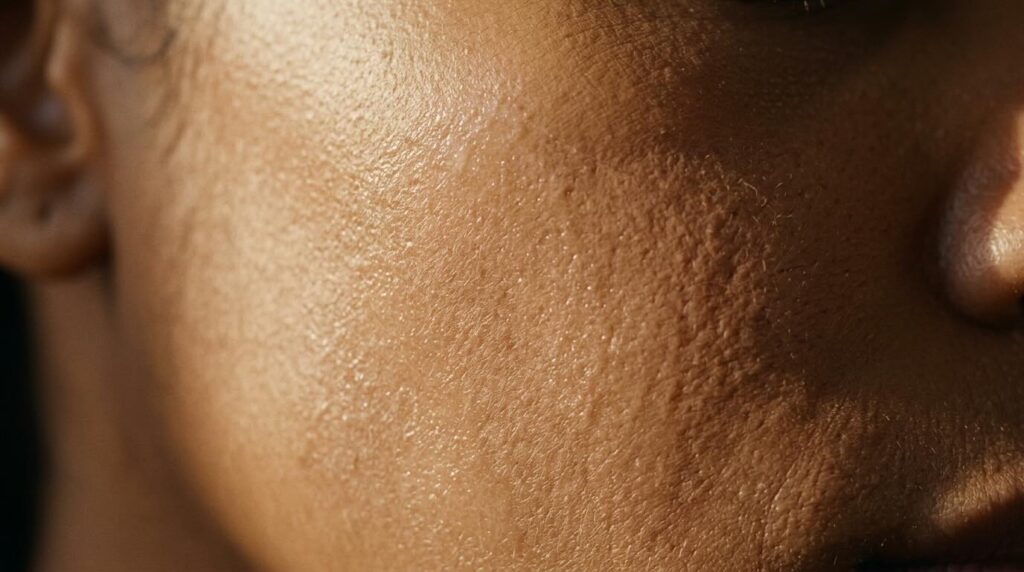 Close up cheek showing sunscreen residue that single cleansing leaves behind after 30