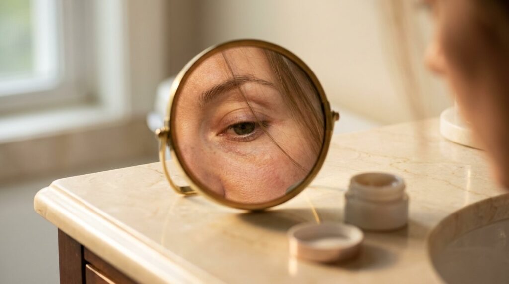 eye cream worth it under-eye close-up in brass vanity mirror warm morning light