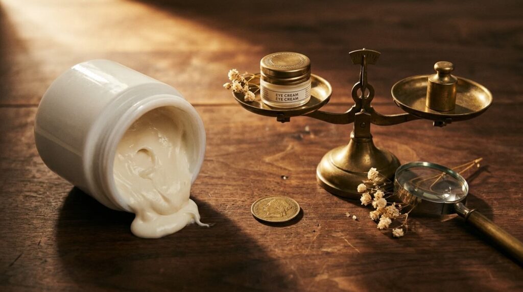 Large face moisturiser beside tiny eye cream pot with brass scale showing the markup