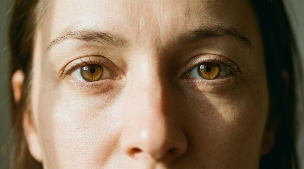 Natural eyes looking at camera showing cared-for under-eye skin in warm light
