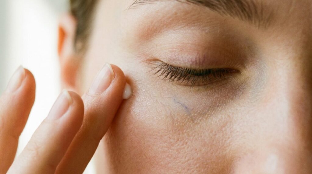 Ring finger tapping eye cream beneath closed eye showing correct gentle application