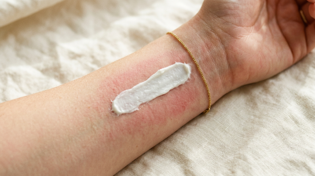 Barrier repair balm applied on inner wrist showing skin recovery from hormonal acne treatment
