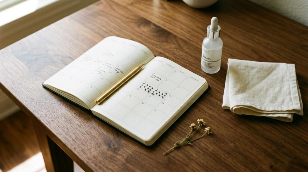 Monthly planner with cycle tracking marks beside skincare bottle on walnut desk