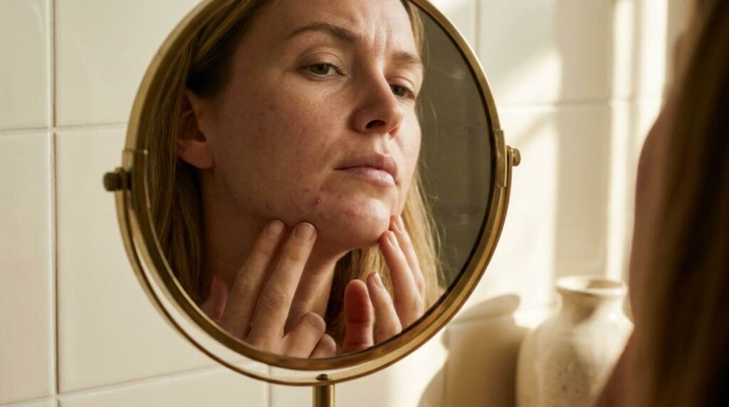 Hormonal acne treatment guide for women over 30 jawline examination in bathroom mirror