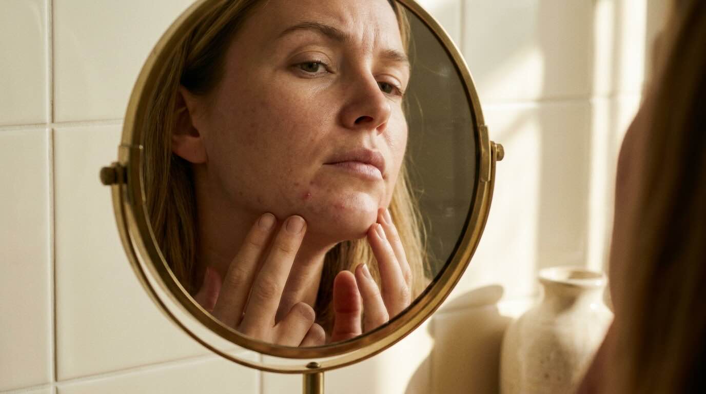 Hormonal acne treatment guide for women over 30 jawline examination in bathroom mirror