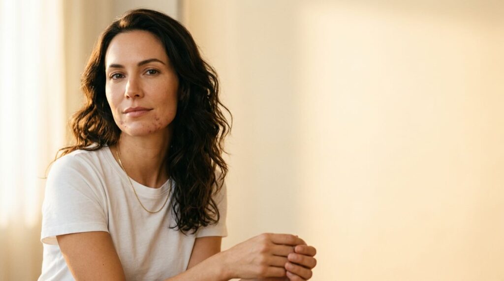 Woman with clearing jawline skin looking calm and confident after hormonal acne routine
