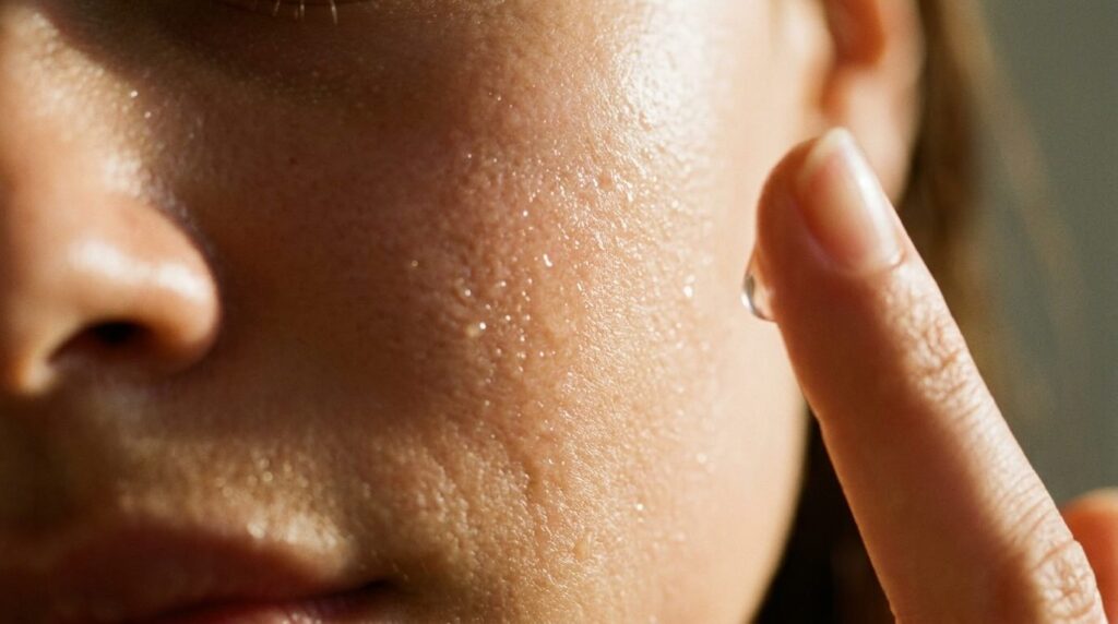 Damp skin with water droplets on cheek before hyaluronic acid application close-up