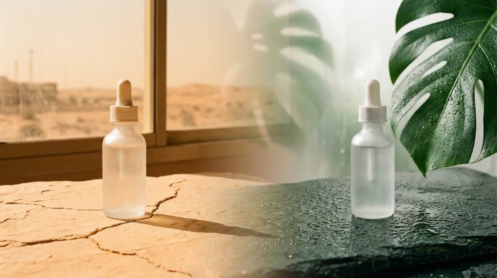 Same hyaluronic acid bottle in dry and humid climates showing why it backfires