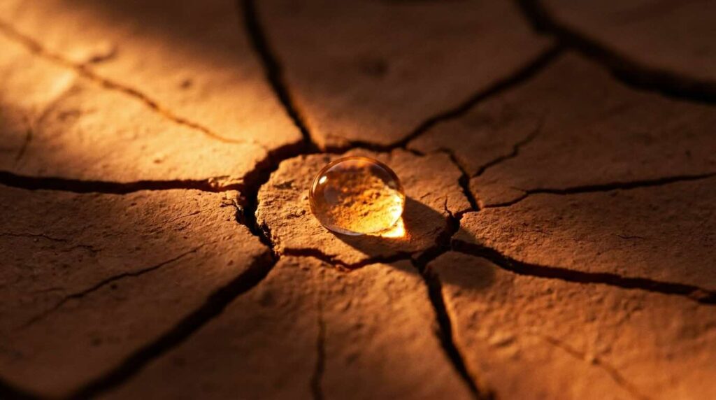 hyaluronic acid water drop on dry cracked clay showing the hydration paradox