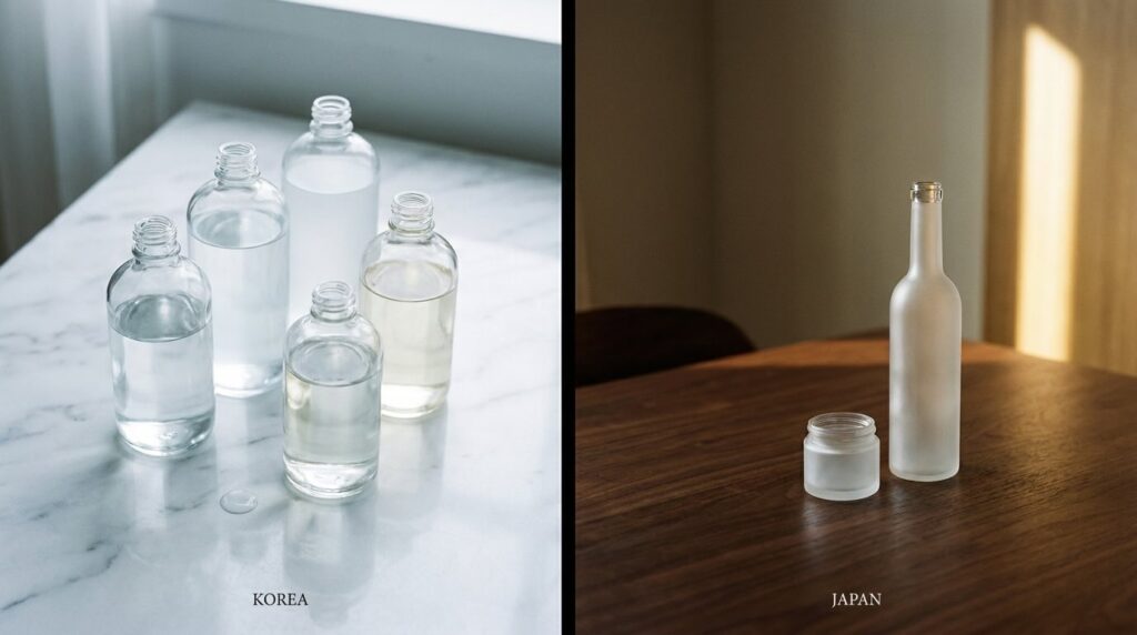 Split frame editorial showing unmarked clear glass bottles on white marble beside slender frosted vessels on dark walnut wood, the layered korean versus minimal japanese skincare comparison