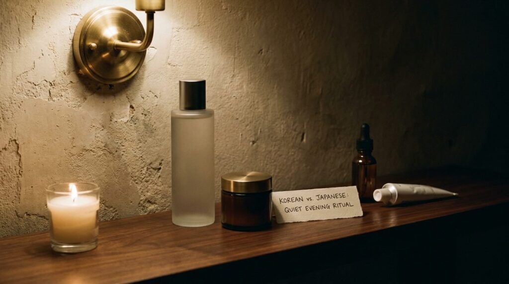 Unmarked frosted bottle amber jar amber dropper and white tube on a vintage walnut shelf in warm tungsten candlelight, the quiet evening ritual at the heart of the korean vs japanese skincare choice