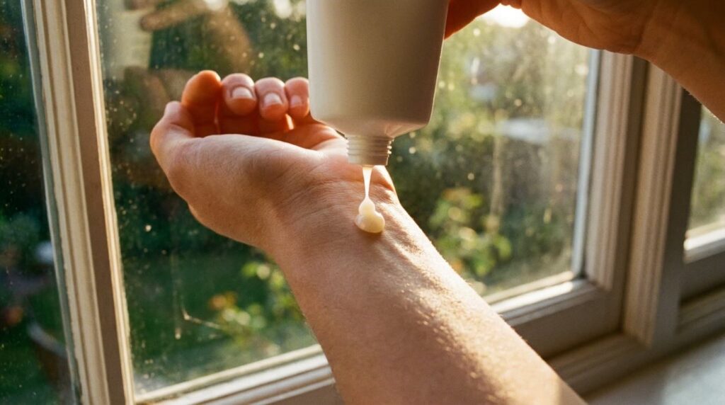 Faceless inner wrist receiving a sheer pearl of white sunscreen near a sunlit garden window, the texture argument for why japanese sunscreens get reapplied