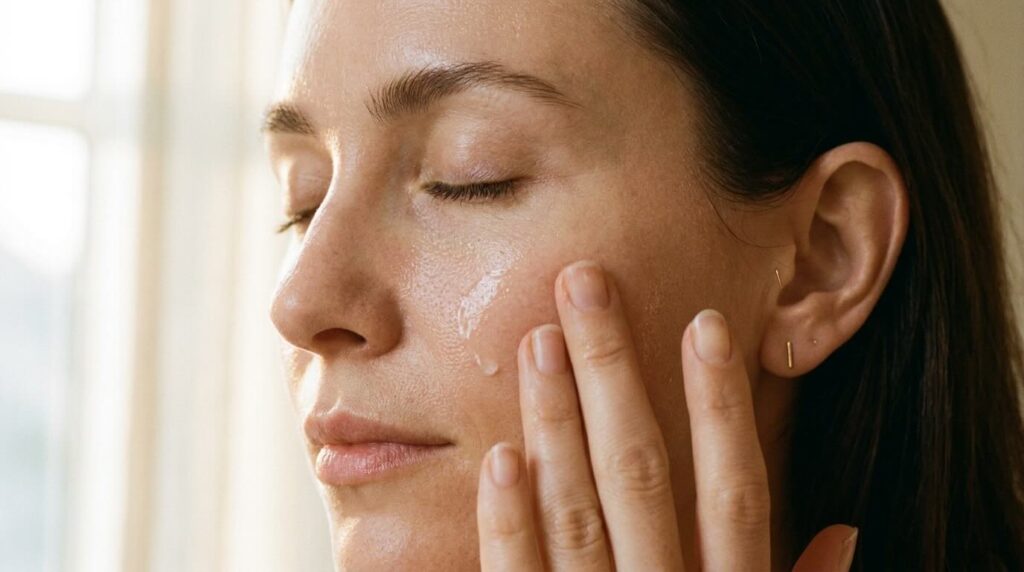 Woman patting peptide serum onto damp cheek with fingertips in warm morning light