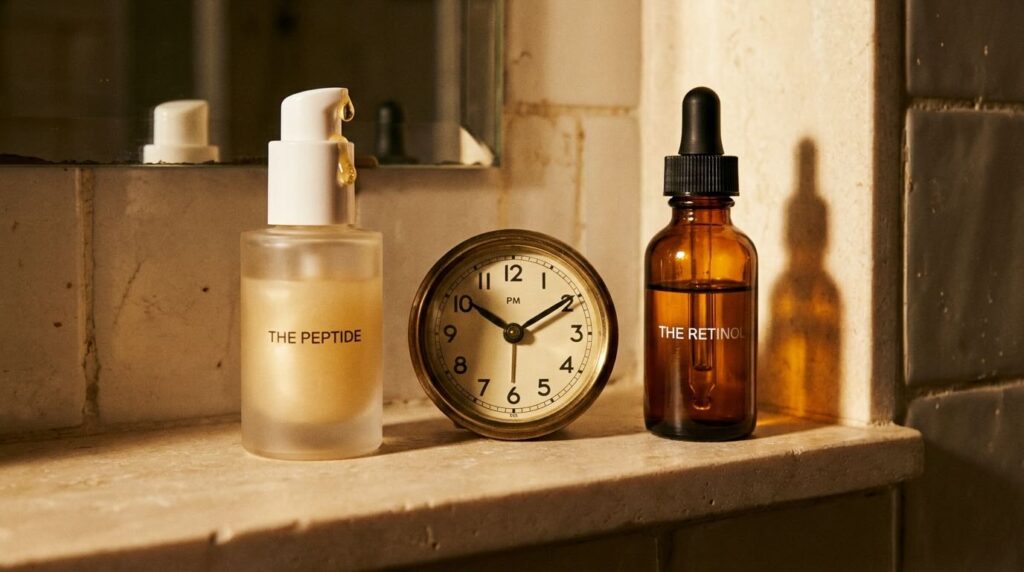Open peptide bottle and capped retinol bottle on bathroom shelf showing the alternating night routine