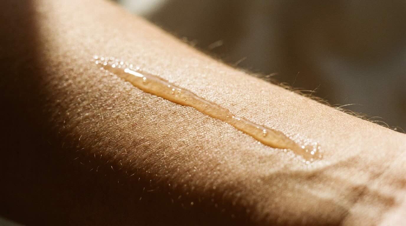 Peptide serum trail on forearm in warm raking light showing the signal peptides send to skin