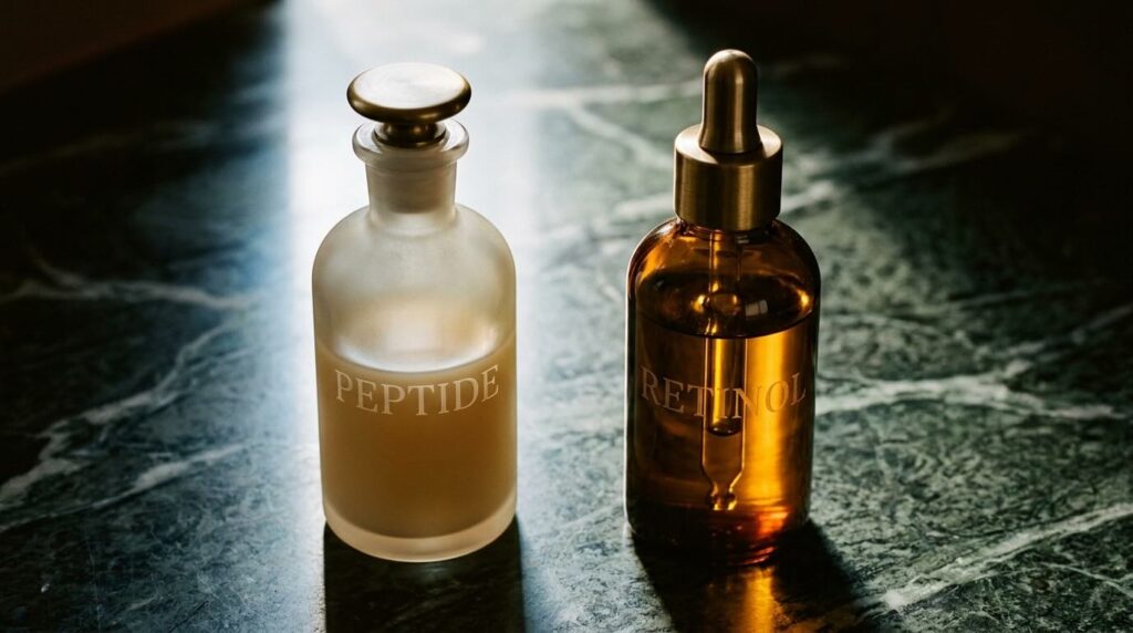 peptides vs retinol two apothecary bottles etched PEPTIDE and RETINOL on dark green marble