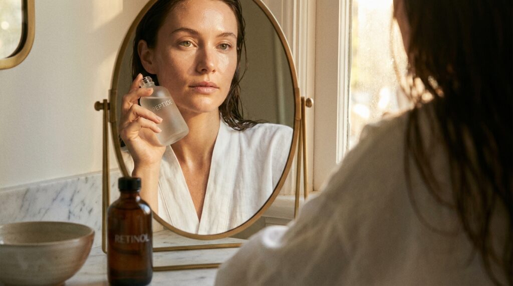 Woman at bathroom mirror holding PEPTIDE bottle with capped RETINOL bottle waiting on counter