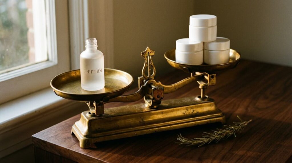 Etched PEPTIDE bottle outweighing three generic jars on antique brass apothecary scale