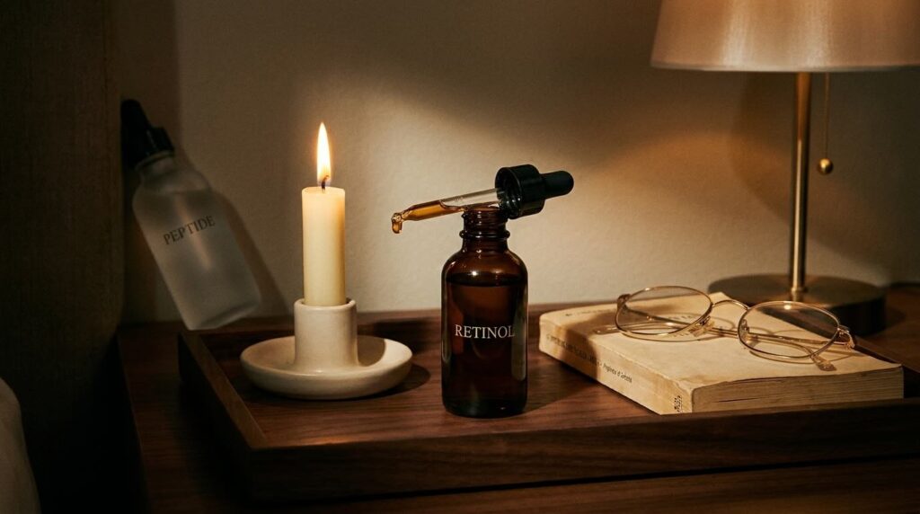 RETINOL bottle uncapped on bedside tray at night with capped PEPTIDE bottle resting behind and reading glasses