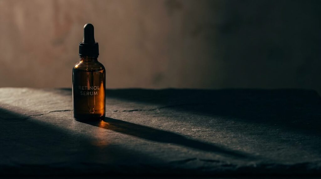 Single dropper bottle of retinol serum casting a long shadow across a dark stone surface in low evening light, suggesting caution and care