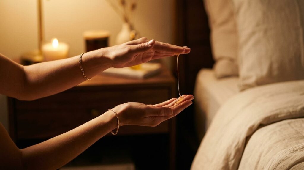 Evening skincare layering with serum warming between hands in warm candlelight