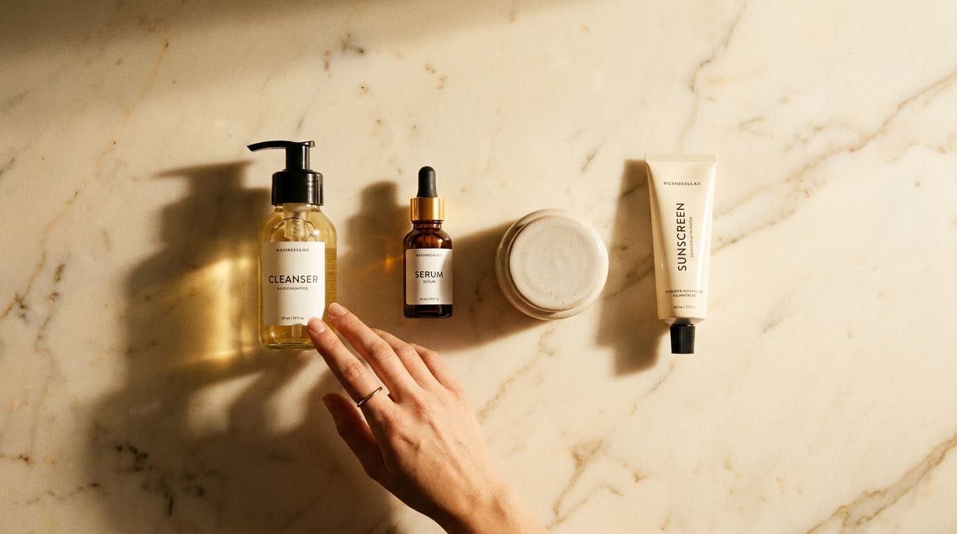 skincare layering order products arranged left to right on marble vanity with hand reaching