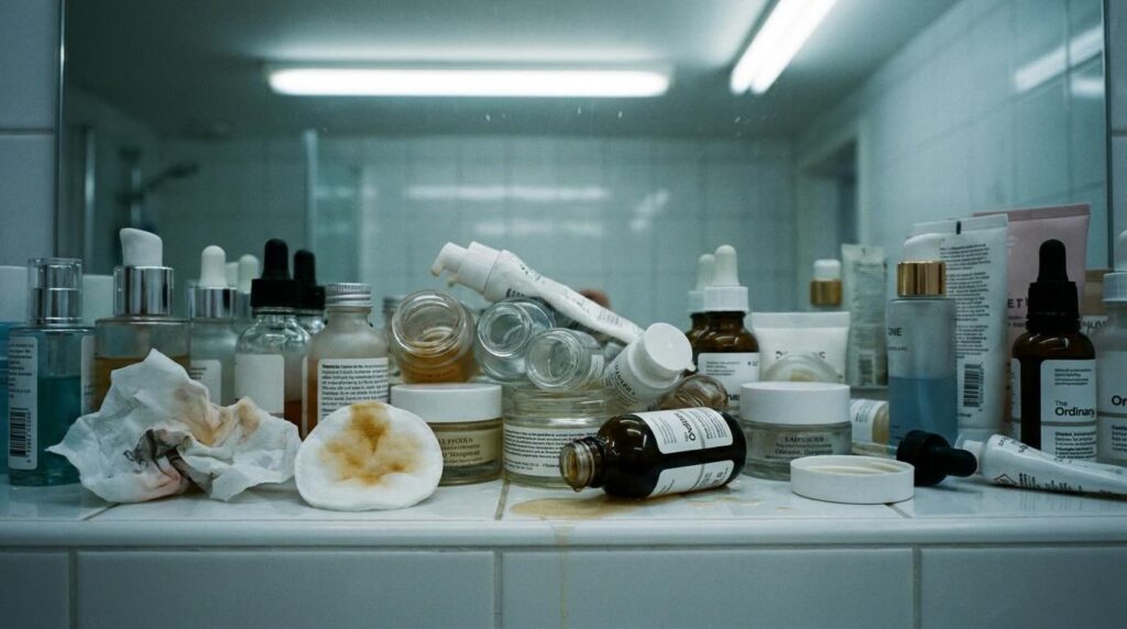 Cluttered skincare counter with too many open products showing common layering mistakes