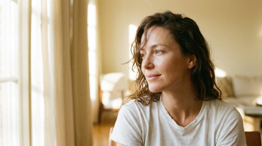 Luminous balanced skin after correct skincare layering in warm morning light